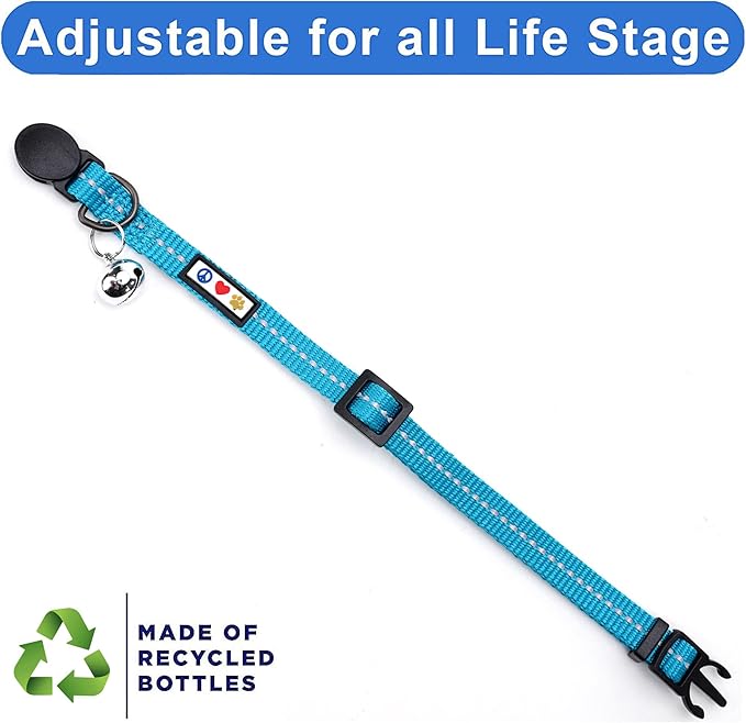 Pawtitas Recycled Teal Reflective Cat Collar – Eco-Friendly Breakaway Safety Buckle, Adjustable Kitten & Adult Collar with Removable Bell and High-Visibility Strap