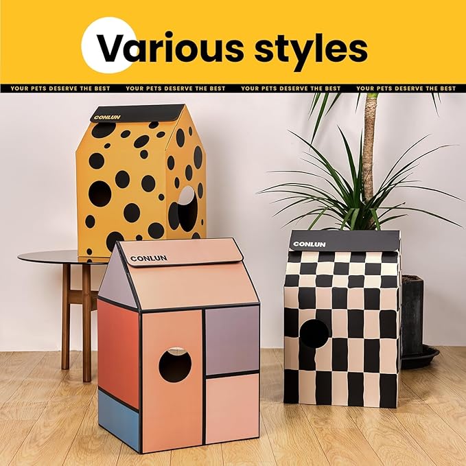 Cardboard Cat House with Scratch Pad & Catnip, Cat Play Scratching House for Indoor Hideaway Furniture, Heavy Duty Sturdy Cardboard Scratcher, Easy to Assemble Birthday Gift, Medium