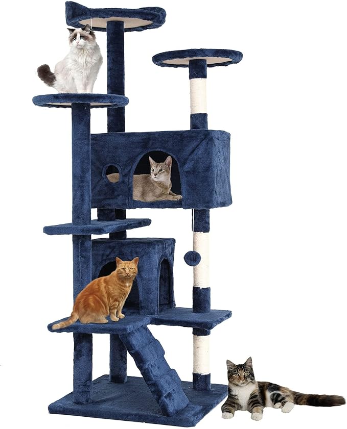 Cat Tree for Indoor Cats, Multi-Level Cat Tower with Scratching Posts & Cozy Condo, Space Saving Cat Activity Center, Durable Pet Play House (54in,Navy Blue)