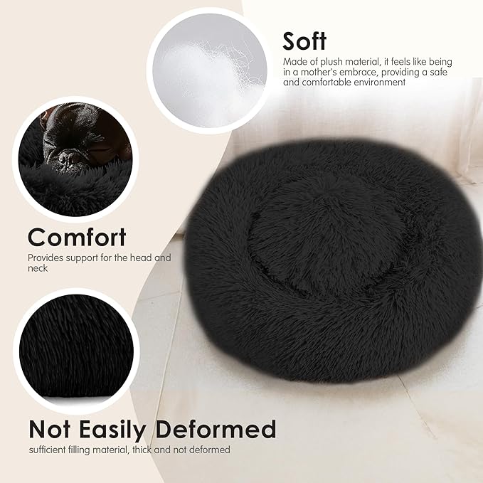 Hoewina Dog & Cat Bed, 20in Cat Beds for Indoor Cats, Calming Donut Bed for Puppy and Kitten, Washable Round Fluffy Pet Bed for Small Medium Dogs and Cats (Black)