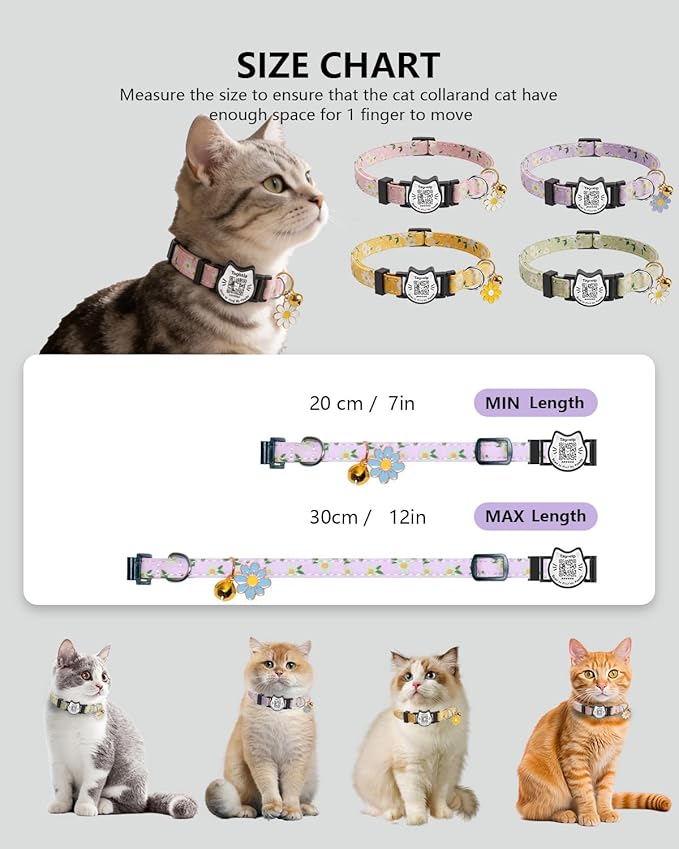 Breakaway Cat Collar with QR Code ID Tag, Adjustable Cotton Kitten Collar with Bell, Scan to Find My Family Personalized Pet Info, Cute Flower Design for Indoor Outdoor Cats,Flower Pendant(Yellow)