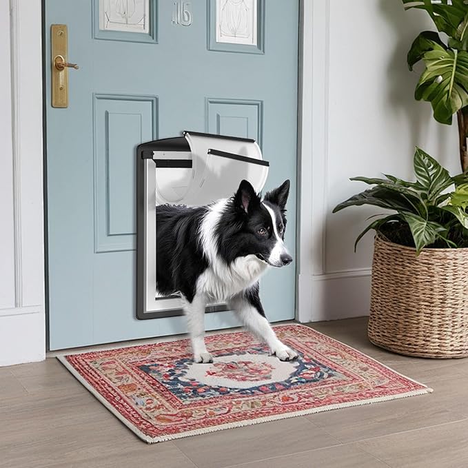 MAVRICFLEX Large Dog Door for Door - All-Stainless Steel Frame, Weather-Resistant Double Soft Flaps, 2 Sliding ABS Panels for Indoor/Outdoor Use, Fits Large Dogs Up to 110 LBS, Easy Install， Black