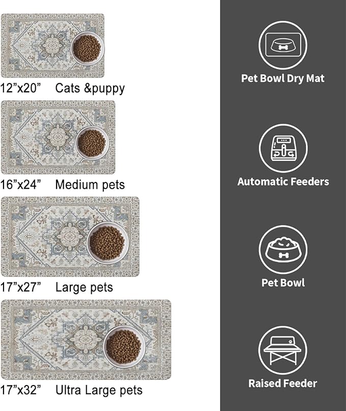 Dog Food Mats for Floors, Absorbent and Quick-Drying Pet Cat Food Mat,Anti-Fouling and Easy-to-Clean Pet Feeding Mat,Dog Bowl Mat for Messy Drinking Water Bowls.17 x32, Bohemia Style