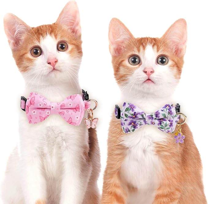 2 Pack Cotton Cat Collar with Bow Tie and Bell for Girl Boy Cats,Cute Pink Flamingo and Blue Whale Pattern Spring Summer Breakaway Cat Collar for Male Female Cats (Butterfly&Violet)