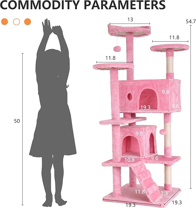 Cat Tree for Indoor Cats, Multi-Level Cat Tower with Scratching Posts & Cozy Condo, Space Saving Cat Activity Center, Durable Pet Play House (54in,Pink)