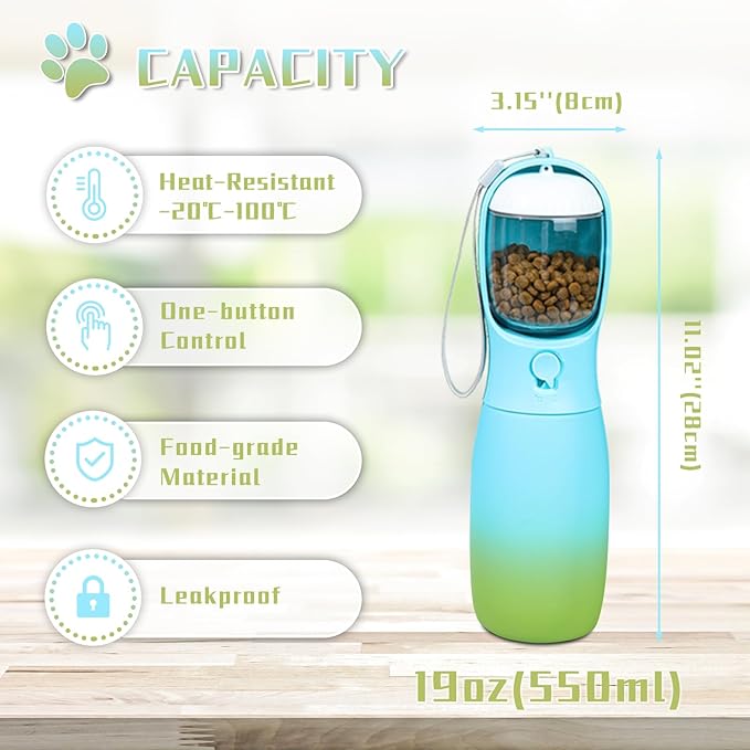 Travel Dog Water Bottles, Portable Dog Essentials for Outdoor, Trendy Pet Accessories for Small Medium Large Dogs, Food Grade Dog Water Bowl Dispenser, Gifts for Dogs (19Oz, Blue&Green)