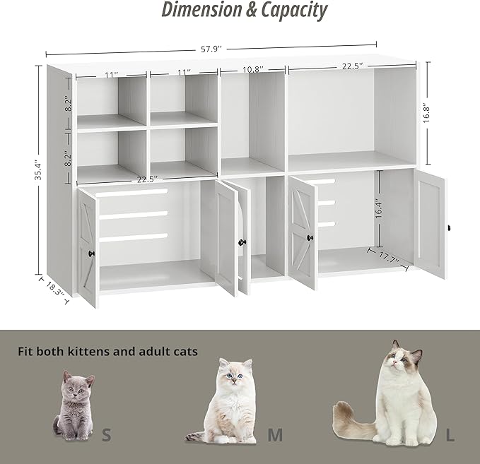 IRONCK Cat Litter Box Enclosure for 2 Cats, Litter Box Furniture Hidden with Double Room and Large Storage Space, Wooden Washroom Furniture, Cat House, White