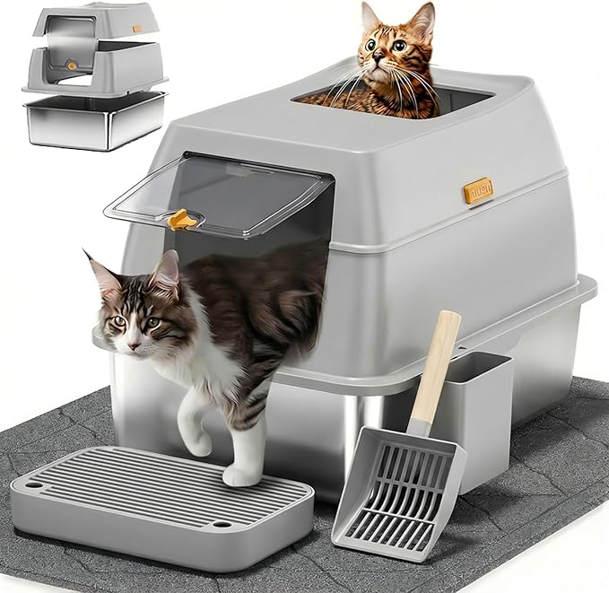 Stainless Steel Litter Box with Lid,Front Entry Top Exit Kitty LitterBox,Extra Large Enclosed Metal Cat Box with Litter Scoop & Litter Mat-Light Gray