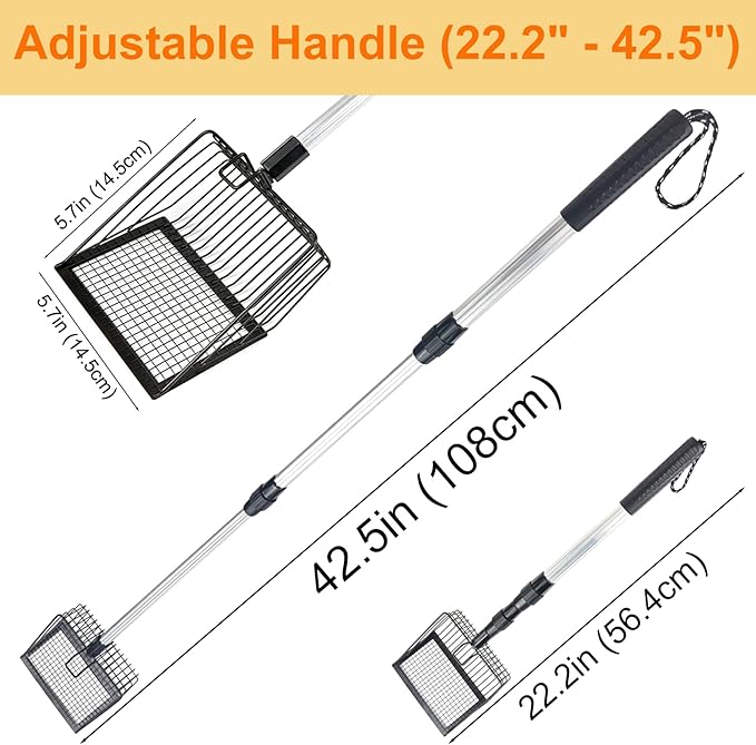 Cat Litter Scoop with Extendable Long Handle, 22.2"-42.5" No Bending Back Metal Kitty Litter Scoop, Large Non-Stick Wide Flat Head Heavy Duty Cat Pooper Scooper