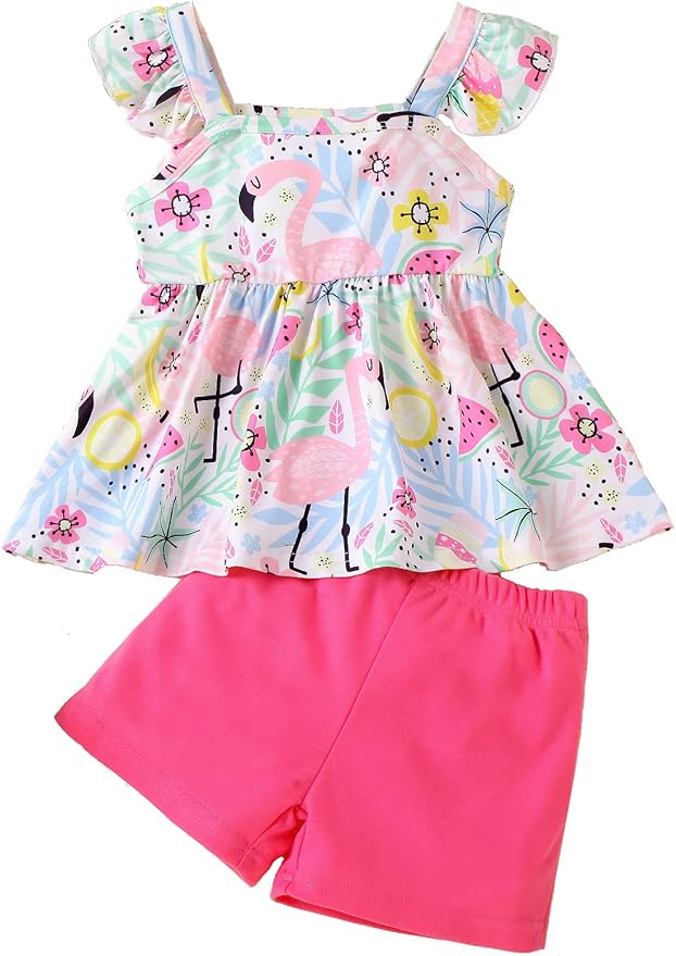 Toddler Baby Girls Summer Clothes Outfits Ruffled Sleeve Dinosaur Shirt Leopard Tops and Shorts Pants Sets 2PCS
