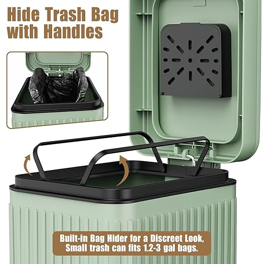 Dog Poop Trash Can for Outside & Indoor, 5L/1.3Gal Small Pet Waste Bin with Odor Control Carbon Filter, 2-Way Open (Step & Press Top), Dog Waste Container with Trash Bag Holder, Green
