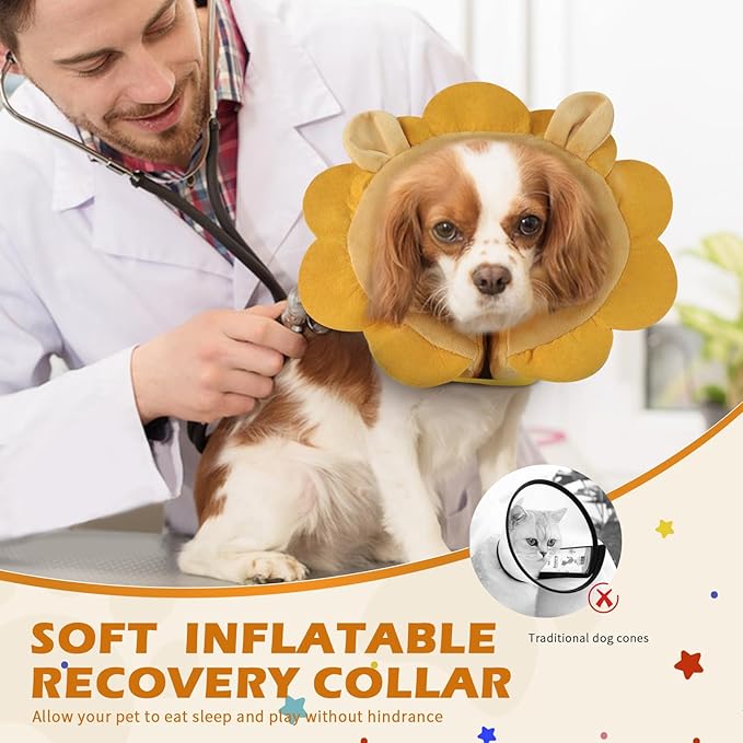 IEUUMLER Inflatable Recovery Dog Collar, Protective Donut Cone, Adjustable Soft Collar for Dog and Cat After Surgery Prevent from Biting & Scratching EU002 - Brown Lion L+