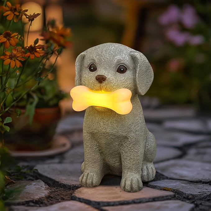 Solar Dog Statue with Glowing Bone Light, Outdoor Puppy Figurine for Garden Yard Decor, Gift for Dog Lovers, Mom, Grandma, Perfect for Birthday, Housewarming, Pet Memorial