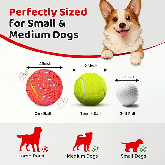 Interactive Dog Toys Ball for Small Medium Dogs - Smart Moving Bouncing Dog Ball with Colorful Lights, E-TPU Material, 3 Play Modes Automatic Rolling Dogs Toy to Keep Them Busy (Red)