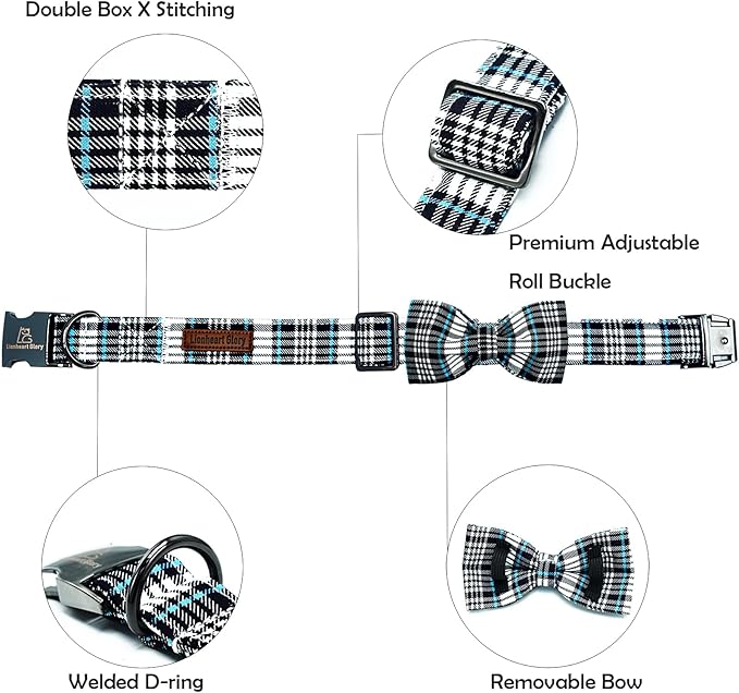 Lionheart glory Dog Bow Collar Blue and Black Plaid Dog Collar for X-Small Dogs,Boy Dog Collars with Bowtie Spring Summer Collars Soft Adjustable Pet Collar Bows