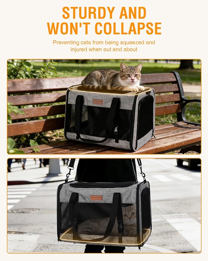 PETUX Large Pet Carrier for Large Cats ＆ Small Dogs - Up to 20Lb, Top and Side Entry, 4 Side Breathable, Foldable Soft Cat Travel Carrier with Safety Car Seat Buckle and Anti-Scratch Mesh - Grey