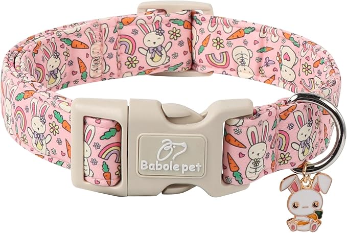 Easter Dog Collar for Large Dogs - Pink Girly Bunny Dog Collars, Cute Girl Dogs Easter Collar, Adjustable Female Spring Holiday Pet Collars with Quick Release Buckle L