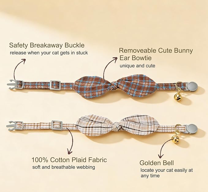 Cotton Bowtie Cat Collar with Bell 2 Pack Plaid Breakaway Kitten Collars with Removeable Bunny Ear Bow(Amber+Beige)