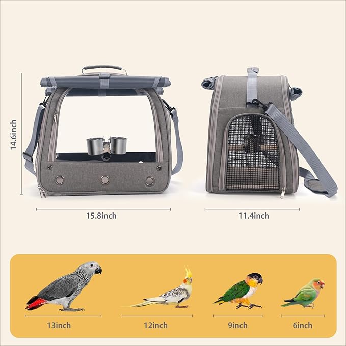 Bird Carrier Parrot Travel Cage with Perch, Food Bowl, Tray and Breathable Clear Window, Bird Travel Bag for African Gray Cockatiel Caique Conure Quaker, for Vetting Camping Hiking (Gray)