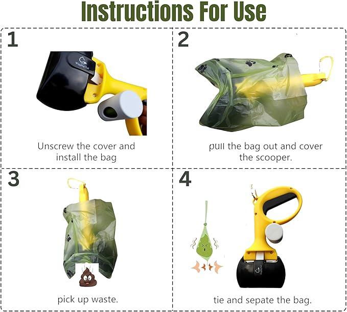 Pet Poop Scooper for Dogs and Cats, Kid-Friendly, Portable & Easy Clean Dog Waste Tool, Hands-Free Bag Attachment for Walks, Indoor, Travel & Outdoor Use, One-Hand Operation (5 Rolls Trash Bags)