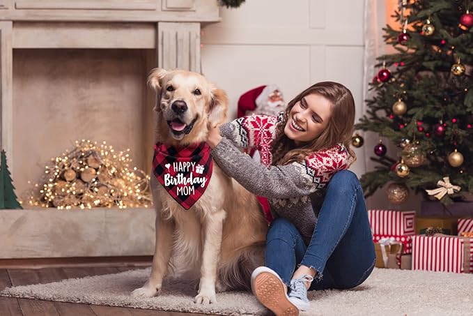 Ptzizi Funny Red Plaid Happy Birthday Mom Dog Printed Triangle Bandana, Small Medium Large Girl Pet Dog Birthday Party Scarf Bib Accessories Gift for Pet Dog Lovers Gift
