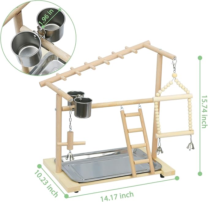 Parrot Playstand Bird Playground Birdcage Wood Perch Stand Ladder Swing with with Feeder Cups Birds Play Gym Cockatiel Playground Include Hanging Bell Swing Ladders