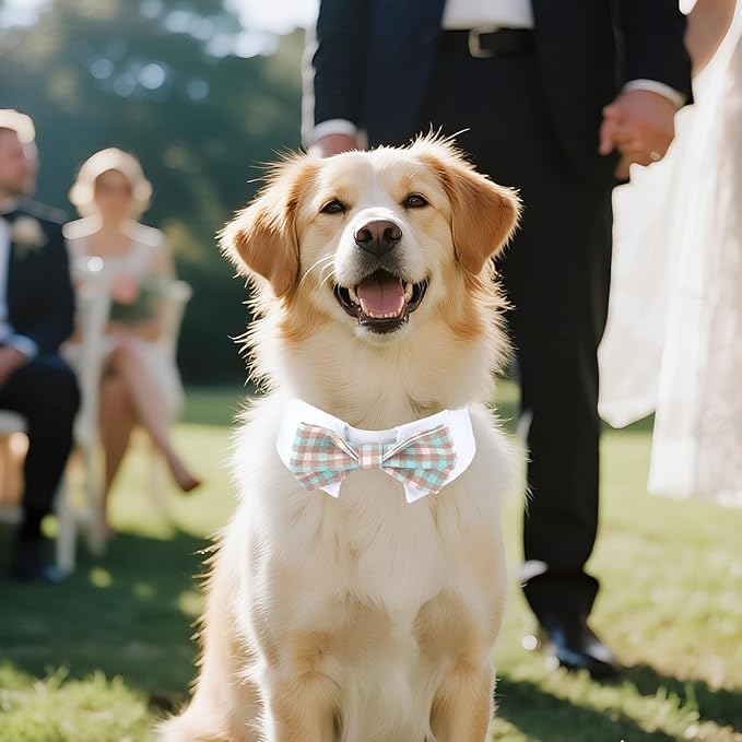 Segarty Dog Bow Tie for Neck Girth 12.6-15.7in, Adjustable Dogs Blue Khaki Plaid Plaid Bowtie Collar, Pet Neck Tie Tuxedo Comfortable Cotton Grooming Accessories for Formal Wedding Birthday Party