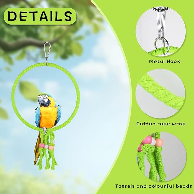 Bird Swing, 20 CM Diameter Hanging Parrot Swing with Colourful Beads, Swing Parrot Toys Cotton Rope Ring Bird Cage Toys for Budgie, Cockatiel, Canary, Parakeet, Finch (Pink)