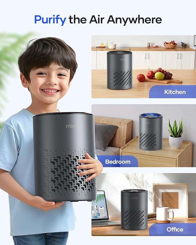 Air Purifiers for Bedroom Home, MOOKA HEPA Air Purifier for Home Pets with Fragrance Sponge for Smoke Dust Pollen Dander Odor, Small Air Cleaner with Sleep Mode Night Light Timer, KJ067L (Grey)
