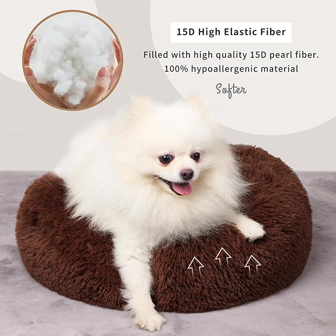 Calming Donut Dogs Beds for Small Dogs Washable,19inch Fluffy Round Puppy Bed for Puppies,Cats & Toy Breeds with Raised Rim,Fits up to 15 lbs Pets,Chocolate Brown