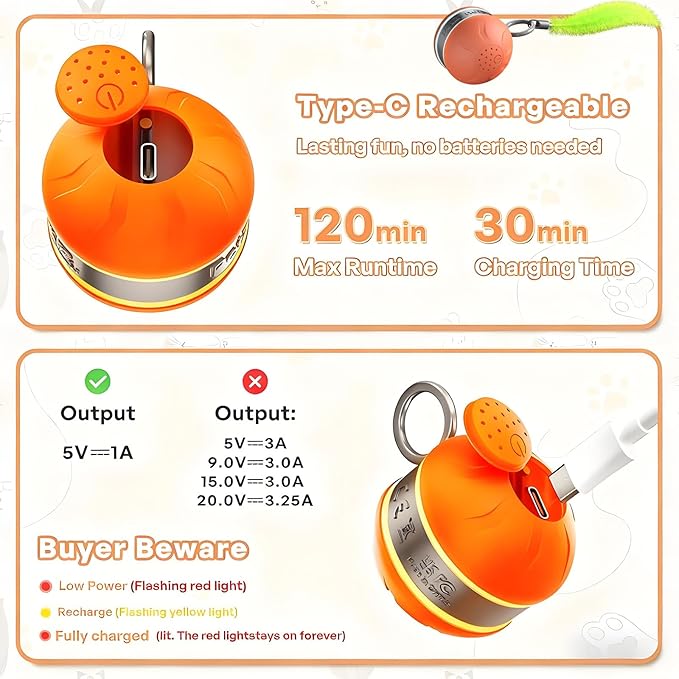 Interactive Cat Toy Ball Automatic Interactive Cat Toys for Indoor Cats with 3 Tails Birdsong 3 Modes Newly Upgraded Speedy 2.0 Tail Cat Toys for Kitten/Medium/Large Cats to Keep Them Busy(Orange)