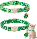 2 Pack St. Patrick’s Day Cat Collars - Breakaway Cat Collar with Bell, Lucky Clover Pendant, Adjustable Cute Green Bold Shamrock Kitten Collars for Boy Girl Cats