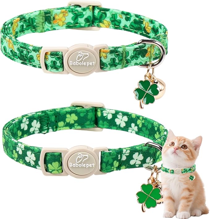 2 Pack St. Patrick’s Day Cat Collars - Breakaway Cat Collar with Bell, Lucky Clover Pendant, Adjustable Cute Green Bold Shamrock Kitten Collars for Boy Girl Cats