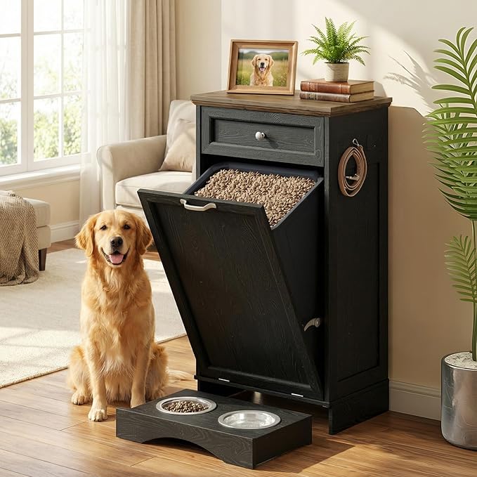 21’’W Dog Feeding Station with Storage, Tilt Out Dog Food Cabinet with Drawer, 2 Feeding Bowls, Pet Food Storage, Cat Feeding Station, Dogs Storage Organizer, (Black, Single Door)