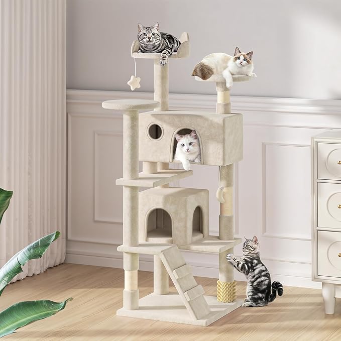 MoNiBloom 54 Inch Cat Tree Tower for Indoor Cats Large Adults, Cat Tower with Scratching Post, Multi-Level Furniture Activity Center with Cat Condo Pet Play House, Beige