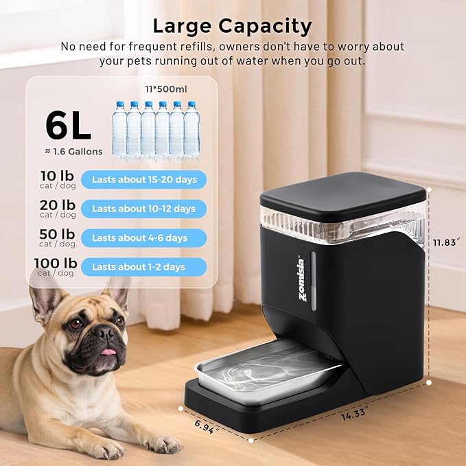 Gravity Cat Water Dispenser 6L with Stainless Steel Bowl, Automatic Water Bowl Dispenser for Cats, 1.6 Gallon Pet Waterer 100% BPA Free, White