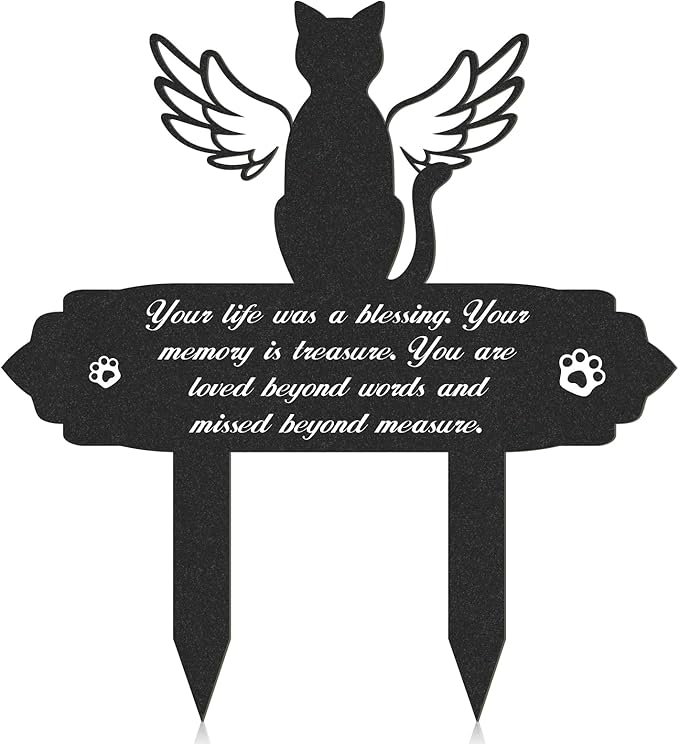 Cat Memorial Decorations - Garden Stakes Markers with Angel Wings, Waterproof Metal Plaques for Cemetery, Cat Grave Decor