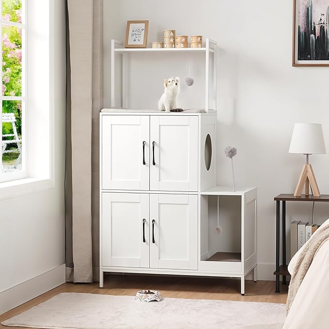 HOOBRO Litter Box Enclosure, Litter Box Furniture with Storage, 2-in-1 Hidden Cat Furniture with Shelf, 2 Dangling Plush Balls and 1 Toy Ball, Large Wooden Cat Washroom, White WT78MW01