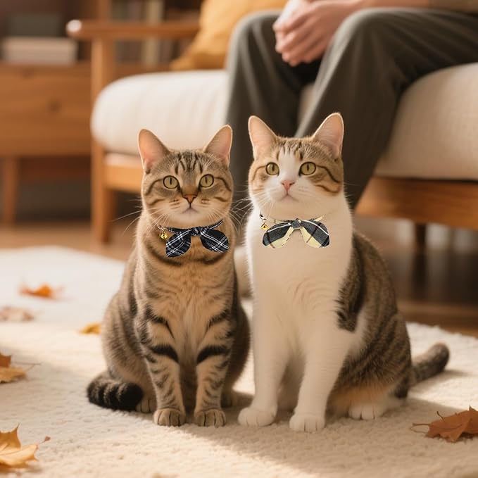 KOOLTAIL Cat Collar Breakaway with Bowtie and Bells, 2 Pack Cute Kitten Collars for Boys & Girls, Classic Plaid Design with Safety Buckle Adjustable for Small Large Cats Puppy,Black & Beige