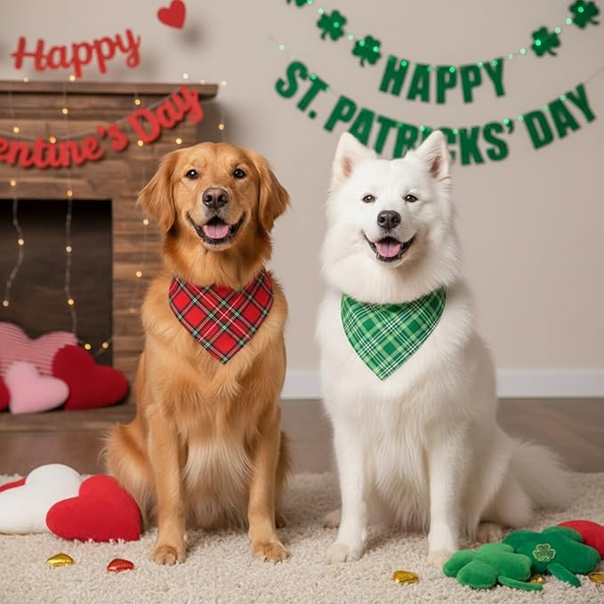 Weewooday 50 Pcs Valentine's & St. Patrick's Day Dog Bandanas Bulk Red & Green Plaid Bandanas for Dogs Soft Triangle Bibs Adjustable Scarf for Small Medium Large Pets(31.5 x 21.7 x 21.7 Inch)