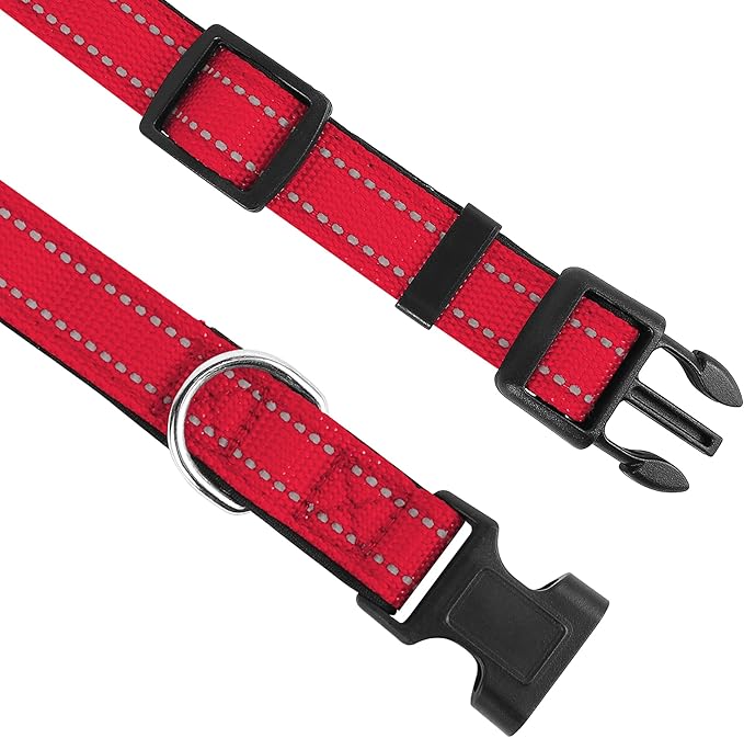 Reflective Dog Collar, Adjustable Soft Neoprene Padded Nylon Pet Collars with Buckle for Medium Dogs,M, Red