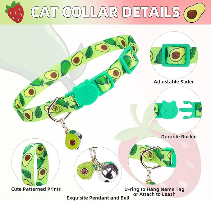 PUPTECK Breakaway Cute Cat Collar with Bell Charm, 2 Packs Adjustable Kitty Collars Fruit Pattern, Pink&Green, 7.8-11.8 in