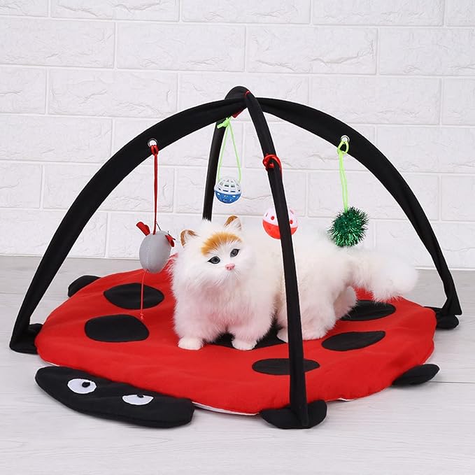 Foldable Cat Activity Play Mat Tent, Multi Function Cat Tent Activity Center with Hanging Toy, Cat Activity Center Pet Kitten Cushion Bed Hanging Balls Padded House Center for Cats Exercise Stay