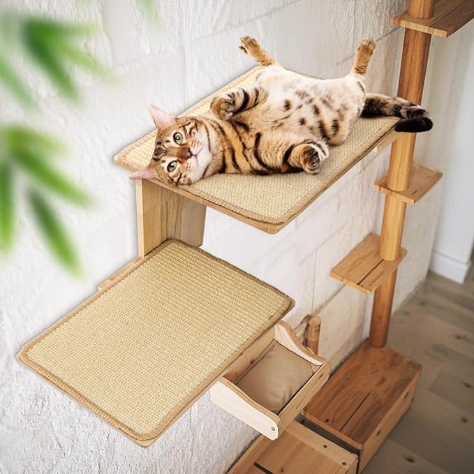 Cat Wall Shelves, Wall Mount Adult Cat Tree with 2 Steps 2 Sisal Scratch Mats, Solid Wood Kitten Bed Pet Climber for Indoor Play, Climb, Jump, Nap, Rest