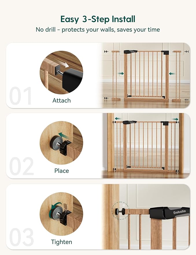 Mom's Choice Award Winner-BABELIO 26-40" Metal Baby Gate with Wood Pattern, PressGuard C5 Easy Install Pressure Mounted Dog Gate for Stairs and Doorways, with Wall Protectors and Extension Kits