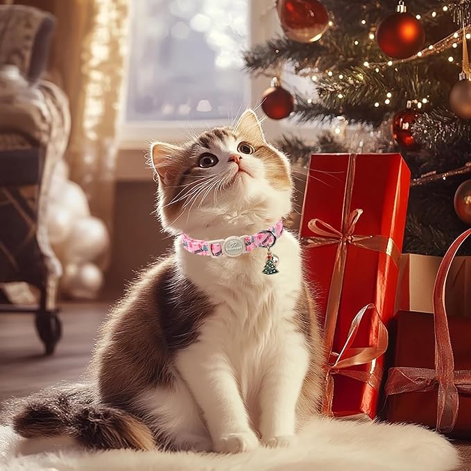 2 Pack Christmas Cat Collars - Breakaway Cat Collar with Bell, Christmas Tree and Santa Pendant, Winter Adjustable Kitten Collars for Girl Boy Cats, Pink&Red