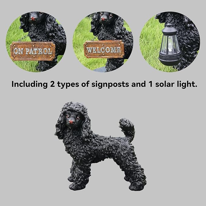 Poodle Statue Outdoor Decorations – Outdoor Dog Statue Standing Black Poodle with Removable Solar Light & Welcome Sign for Garden Décor