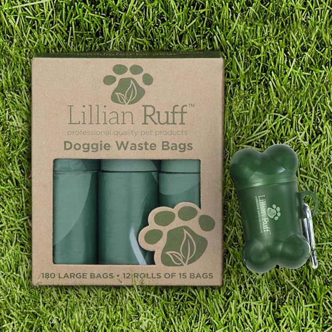 Lillian Ruff Doggie Bags for Poop - 12 Rolls of 13 x 9 Inch Extra Thick Leak Proof Unscented Dog Poop Bags - 15 Waste Bags Per Roll Total of 180 Easy to Open Doggy Bags