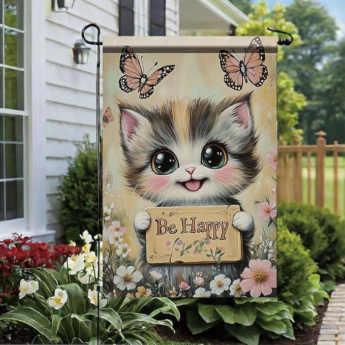 Be Happy Cat Garden Flag 12x18 Inch Double Sided Outdoor Yard Banner Cute Kitten with Butterflies and Flowers for Spring Summer Patio Porch Lawn Home Decoration