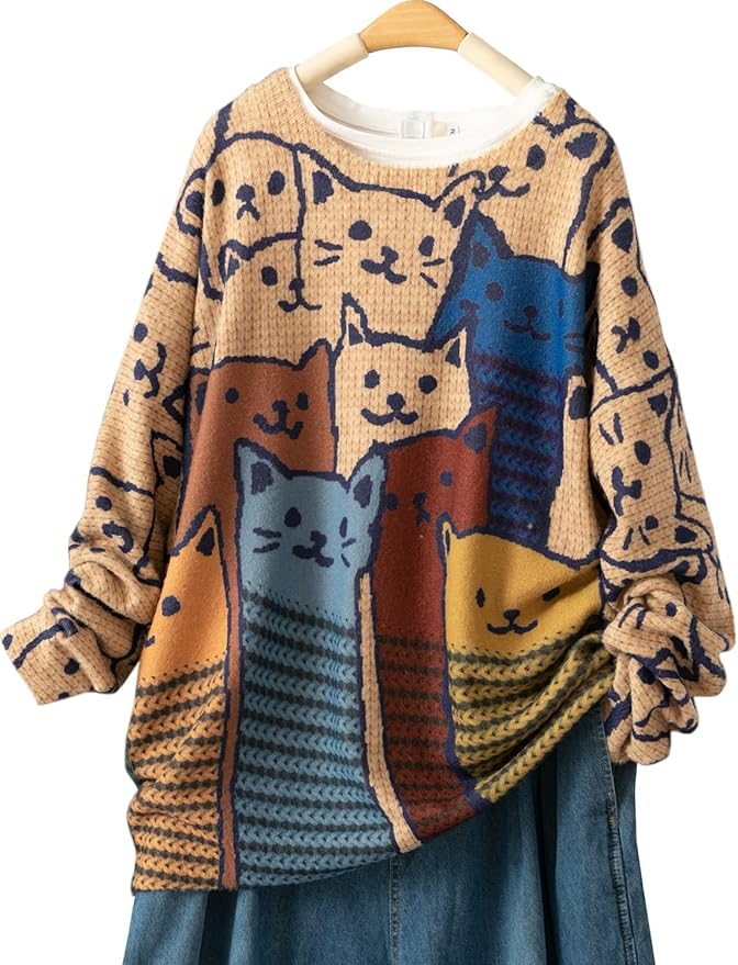 YESNO Women Christmas Sweater Graphic Printed Oversized Pullover Sweaters Casual Loose Knit Tops S01